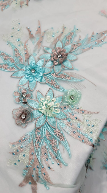 3d Floral Lace Embroidery Rhinestones Blush Flowers Fabric By The Yard Mint Prom Bridal Lace