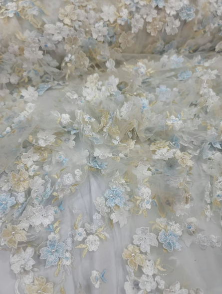 3D Embroidery Floral Fabric By The Yard Prom Bridal Quinceañera Flowers On Mesh Pearls Embroidery