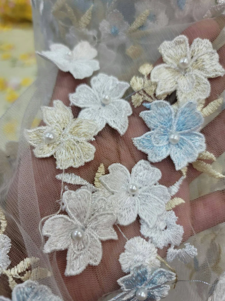 3D Embroidery Floral Fabric By The Yard Prom Bridal Quinceañera Flowers On Mesh Pearls Embroidery