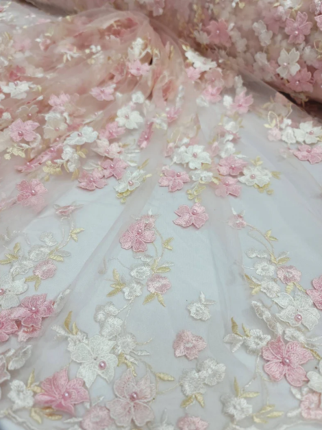 3D Embroidery Floral Fabric By The Yard Prom Bridal Quinceañera Flowers On Mesh Pearls Embroidery