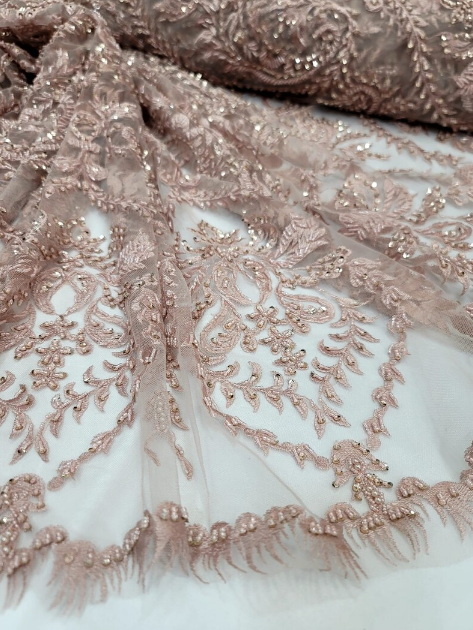 Pink Blush Beaded Lace Embroidery Sequins Victorian Pattern On Mesh Prom Fabric Sold by the Yard Sequin Pink Quinceañera Bridal Lace