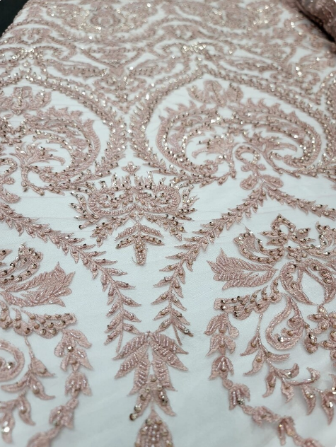Pink Blush Beaded Lace Embroidery Sequins Victorian Pattern On Mesh Prom Fabric Sold by the Yard Sequin Pink Quinceañera Bridal Lace
