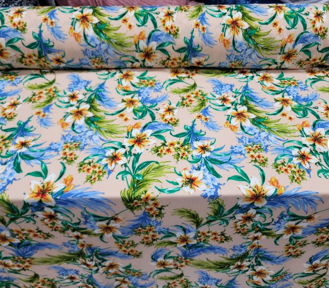 Tropical Paradise 100% Rayon Fabric with Flower Prints on Beige Background Inspiring Summer Vibes