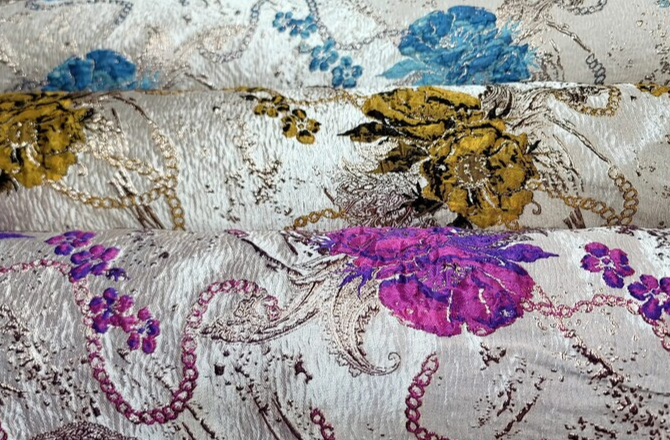 Brocade Jacquard Prom Fabric Sold By The Yard Gown Quinceañera Bridal Upholstery Drapery Pillow Floral Blue Fuchsia Gold Turquoise Beige
