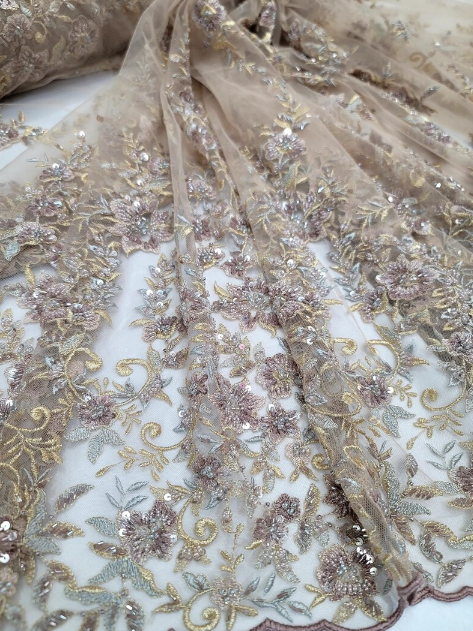 Enchanting Gold Mauve Floral Lace Beads Fabric by the Yard - Perfect for Prom and Bridal Elegance