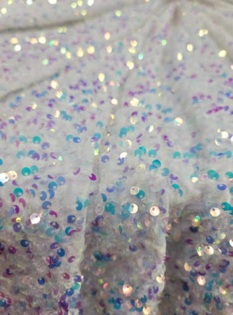 White Iridescent Sequin Embroidery on Stretch Velvet Sold by the Yard, 58 Inches Width