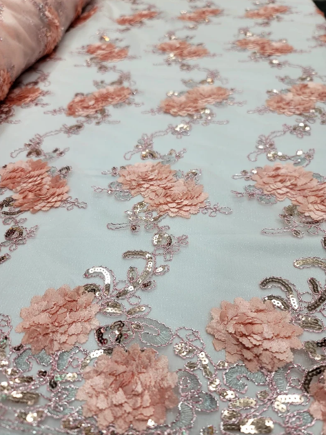 Blush Hand-Beaded Floral Lace on Mesh - Scalloped Edges with Pearls - Sold by Yard