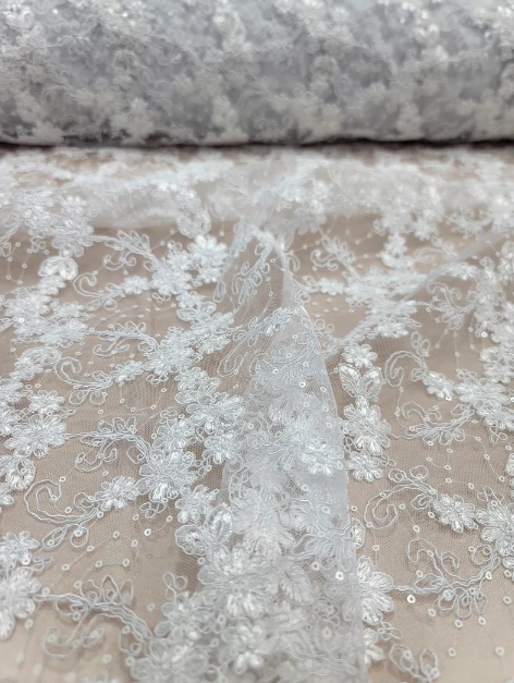 White Floral Lace with Embroidered Sequins on Mesh - Double Scalloped - Sold by Yard