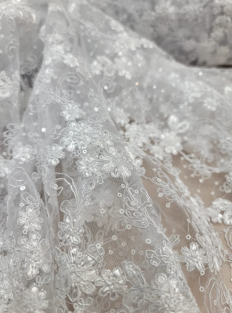 White Floral Lace with Embroidered Sequins on Mesh - Double Scalloped - Sold by Yard