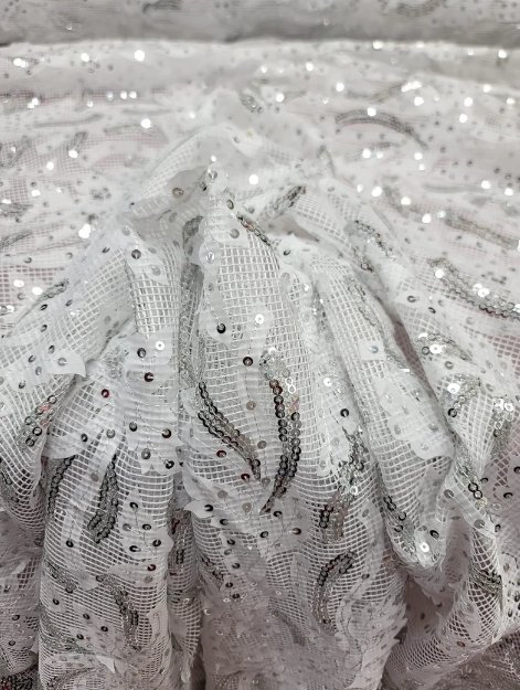 White Embroidery Lace Fabric Sold By The Yard Embroidery Sequins Silver On Fish Net
