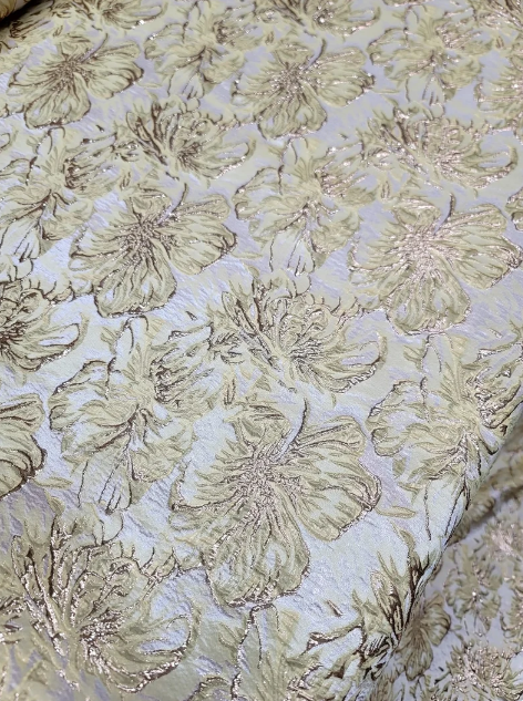Gold Metallic Brocade with Yellow Floral Pattern on Beige Background - Sold by the Yard - Perfect for Gowns, Quinceañera, Bridal, and Upholstery