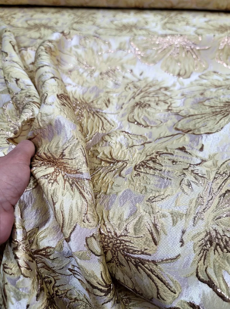 Gold Metallic Brocade with Yellow Floral Pattern on Beige Background - Sold by the Yard - Perfect for Gowns, Quinceañera, Bridal, and Upholstery
