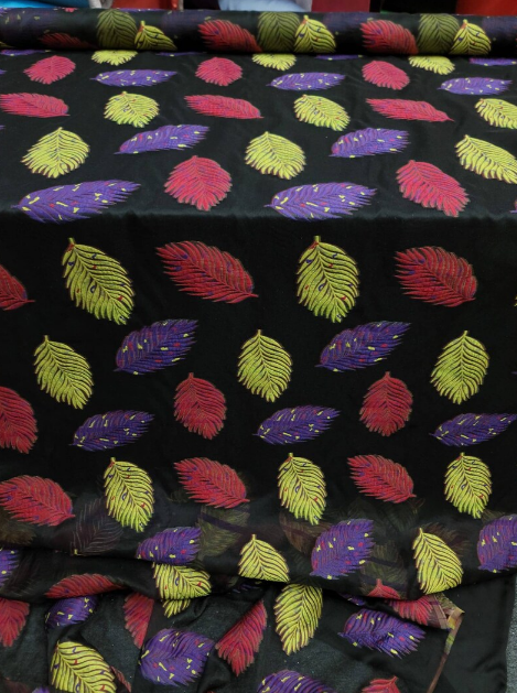 Multicolor Leaves Brocade On Black Organza Fabric By The Yard Yellow Purple Red Leaves