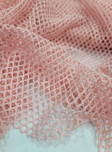 Blush Embroidered Fish Net Silver Mylar Fabric Sold by the Yard Gown Bridal Evening Dress Decoration