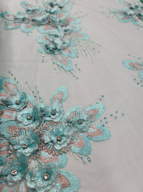 Mint 3d Lace Embroidery 3d Floral Rhinestones On Mesh Fashion Lace Quinceañera Bridal
