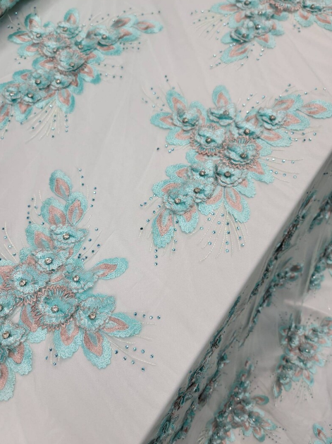 Mint 3d Lace Embroidery 3d Floral Rhinestones On Mesh Fashion Lace Quinceañera Bridal