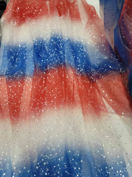 Inspired American Flag Fabric By The Yard Fashion Red White Blue Silver Stars Stretch Tulle Clothing Backdrop Party  Decorative