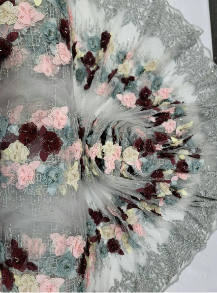 Multicolor Beaded Lace 3d Floral Flowers Pink Burgundy Embroidery On Silver Mesh Fabric By The Yard Gown Quinceañera Bridal Prom