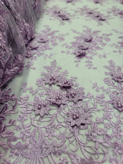 Lace For Bridal Quinceañera Lace 3d Floral Flowers Lavender Embroidery Pearls On Mesh Fabric Sold By The Yard Prom