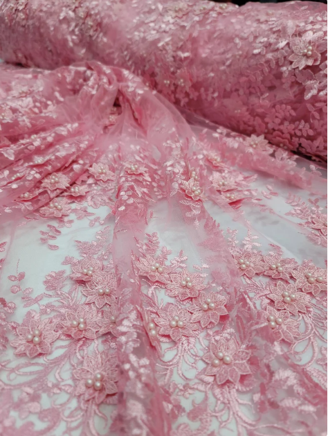 knee length dresses for ladies Pink Beaded Lace 3d Floral Flowers Embroidered on Mesh Sequin Pearls P –  GENERAL TEXTILES INC DBA SMART FABRICS