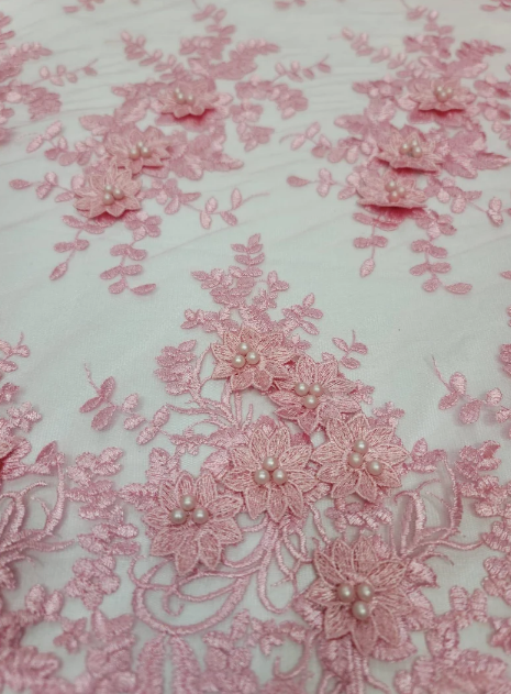 Pink Beaded Lace 3d Floral Flowers Embroidered on Mesh Sequin Pearls Prom Fabric Sold by the Yard Gown Bridal Quinceañera