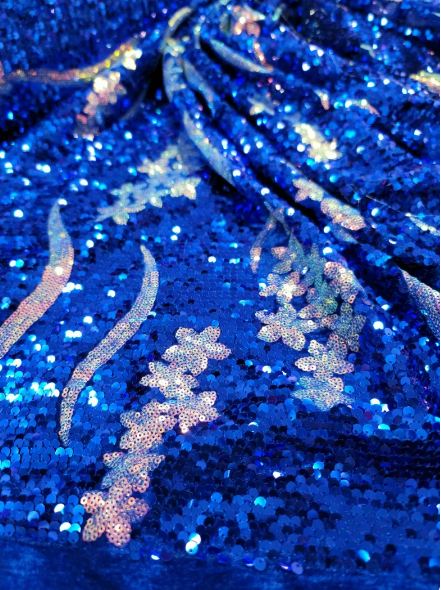 Royal Blue Sequin Embroidery Iridescent Flowers Floral On Stretch Velvet Fabric By The Yard Gown Bridal Prom Quinceañera