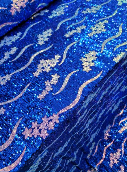Royal Blue Sequin Embroidery Iridescent Flowers Floral On Stretch Velvet Fabric By The Yard Gown Bridal Prom Quinceañera