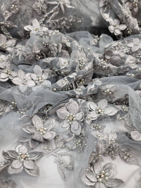 Silver Beaded Lace 3d Floral Flowers Embroidery Mesh Prom Fabric Sold By The Yard Gown Quinceañera Bridal Double Scalloped