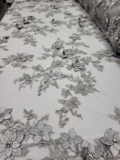 Silver Beaded Lace 3d Floral Flowers Embroidery Mesh Prom Fabric Sold By The Yard Gown Quinceañera Bridal Double Scalloped