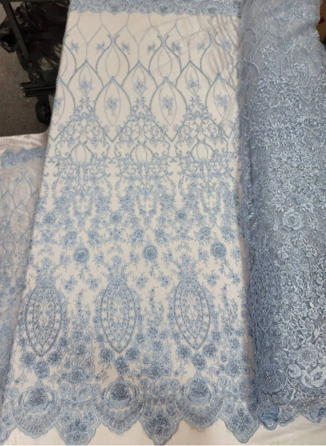 Sky Blue Beaded Lace Embroidery Floral Flowers Sequin On Mesh Fabric By The Yard Prom Bridal Sweet Sixteen Quinceañera
