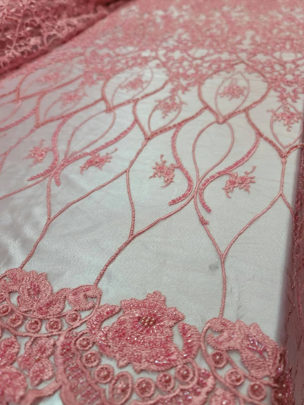 Coral Beaded Lace Floral Flowers Embroidered On Mesh Prom Fabric Sold By The Yard Gown Prom Quinceañera Bridal Telas Para Cost