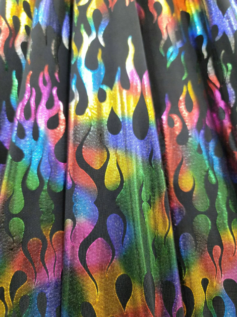 Multicolor Flames Rainbow Fire Stretch Pleather On Black Foil Spandex Fabric Sold By The Yard Metallic Fashion Backdrop