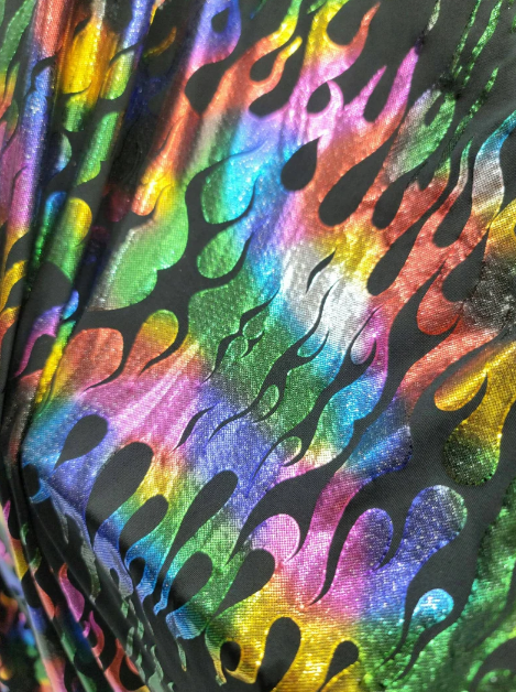 Multicolor Flames Rainbow Fire Stretch Pleather On Black Foil Spandex Fabric Sold By The Yard Metallic Fashion Backdrop