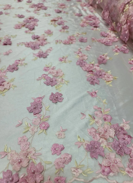 Pink and Blush 3D Floral Flowers Lace on Mesh - Sold by Yard - Perfect for Quinceañera Dresses, Bridal Gowns, Prom Dresses, and Elegantly Designed Creations
