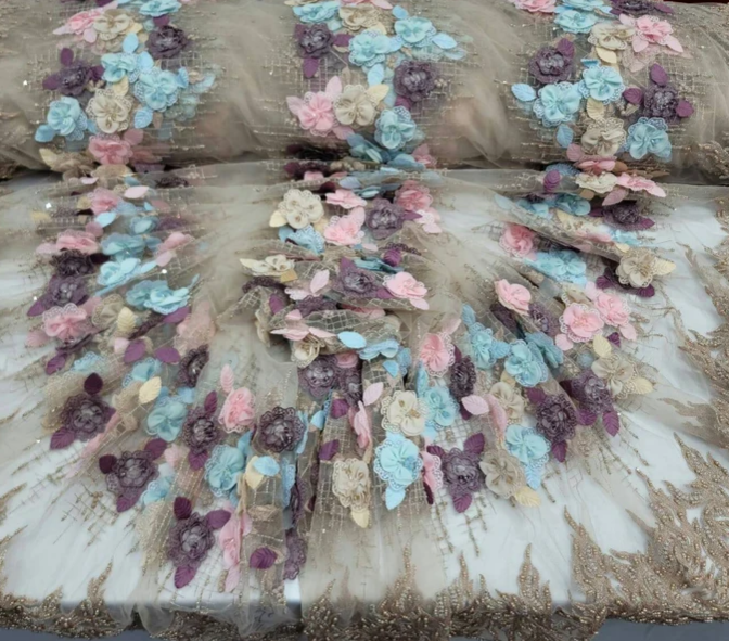 Multicolor Lace 3d Floral Flowers Prom yard Gown Quinceañera Prom Beige Mesh Double Scalloped Beaded Beige Blue Pink Beige