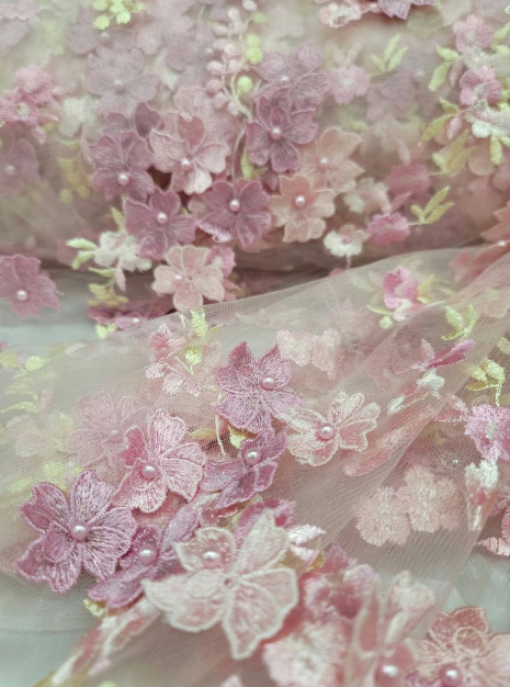 Pink and Blush 3D Floral Flowers Lace on Mesh - Sold by Yard - Perfect for Quinceañera Dresses, Bridal Gowns, Prom Dresses, and Elegantly Designed Creations