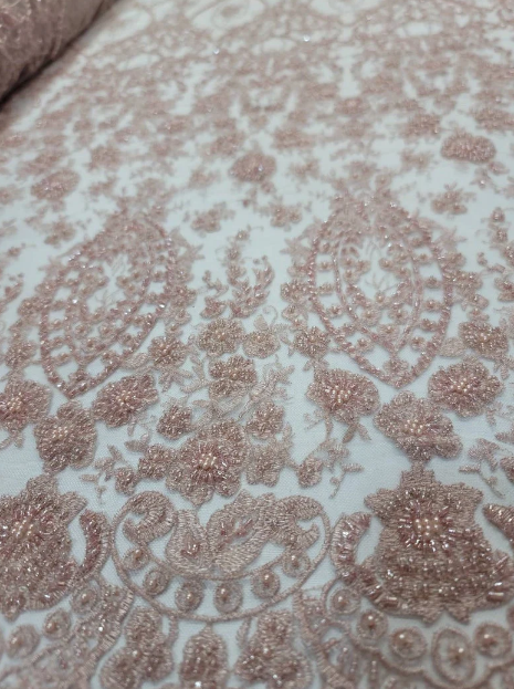 Beaded Lace Fabric By The Yard Rose Gold Floral Flowers Embroidery Sequin Fashion Bridal Quinceañera Gown Prom Graduation