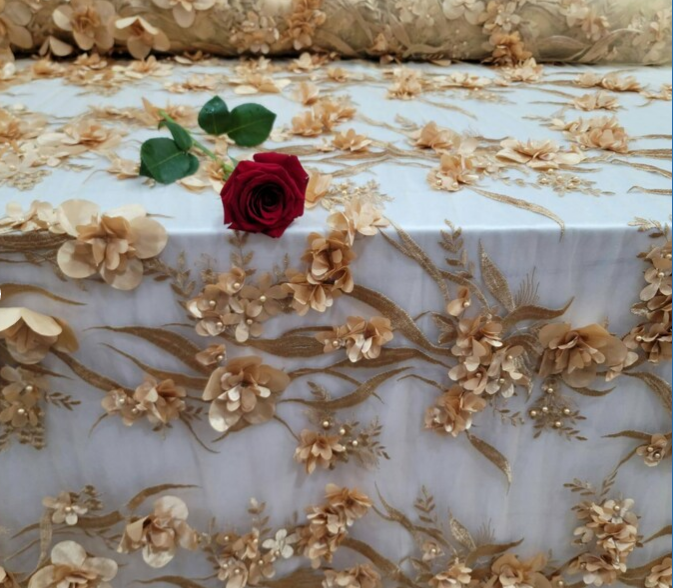 Gold 3d Lace Fabric By The Yard Embroidery Floral Flowers Fabric By The Yard Gown Quinceañera Bridal Prom Gown