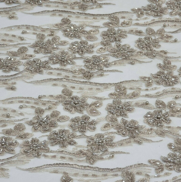 Champagne Beaded Lace Floral Flowers Embroidery Mesh Prom Fabric Sold by the Yard Gown Quinceañera bridal Prom