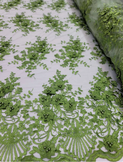 Lace 3d Floral Flowers Olive Green Embroidered On Mesh Fabric Sold By The Yard Pearls Floral Prom Gown Quinceañera Bridal Fabric