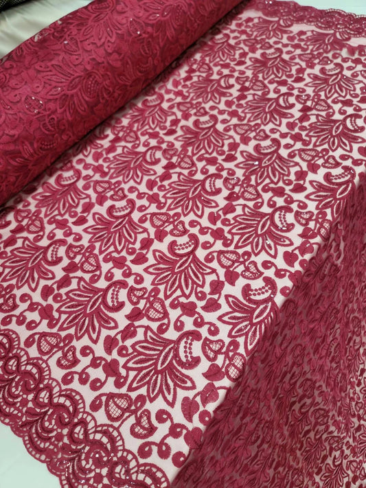 Burgundy Embroidered Lace Floral Flowers Double Scallops Clear Sequin Fabric By The Yard Gown Quinceañera Bridal Evening Dress