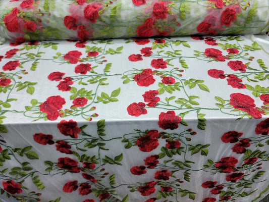 White Lace Red Embroidered Floral Flowers Green Leaves Gown Bridal Evening Dress Prom Quinceañera Gown Fabric By The Yard