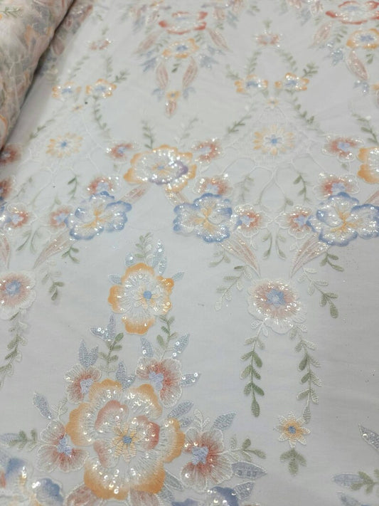 White Lace Multicolor Embroidery Floral Flowers Clear Sequin Dress Fabric Sold by the Yard Prom Quinceañera Gown Dress Blue Peach Flowers