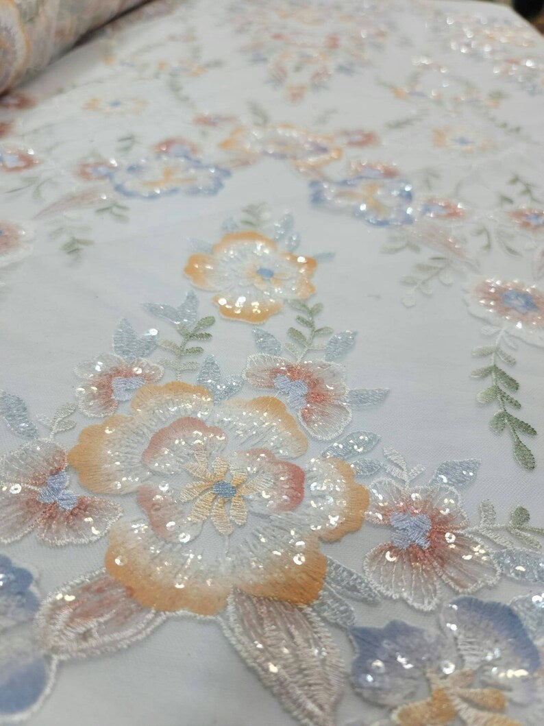 White Lace Multicolor Embroidery Floral Flowers Clear Sequin Dress Fabric Sold by the Yard Prom Quinceañera Gown Dress Blue Peach Flowers