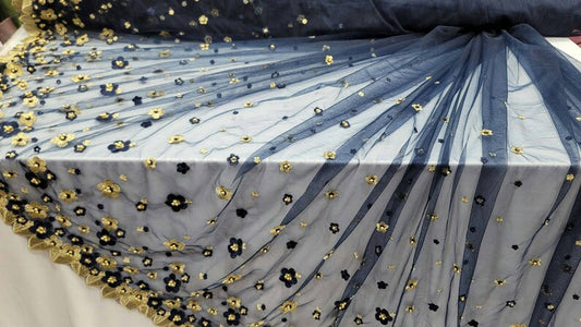 Navy Blue Lace Gold Floral on Mesh Prom Fabric Sold by the Yard Quinceañera Bridal Dress Sori Fashion fabric Evening Bridal Dress