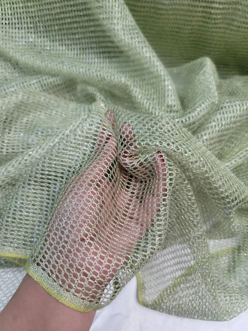 Sage Fish Net Shimmer Silver Fabric Sold by the Yard Fashion Clothing Dress Decoration Draping