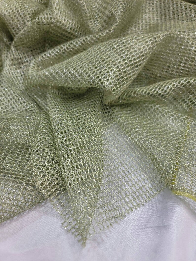 Sage Fish Net Shimmer Silver Fabric Sold by the Yard Fashion Clothing Dress Decoration Draping