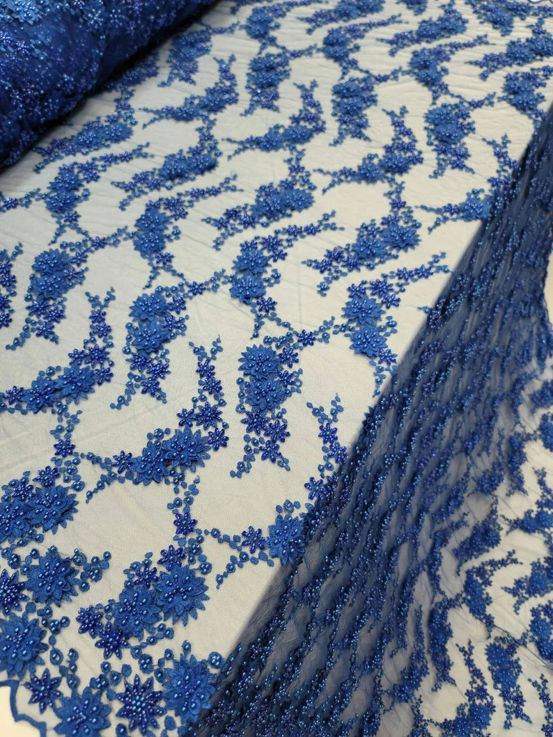 Royal Blue Embroiderey 3d Floral Flowers Lace Pearls on Mesh Fabric Sold by the Yard Gown Quinceañera Bridal Evening Dress Fashion