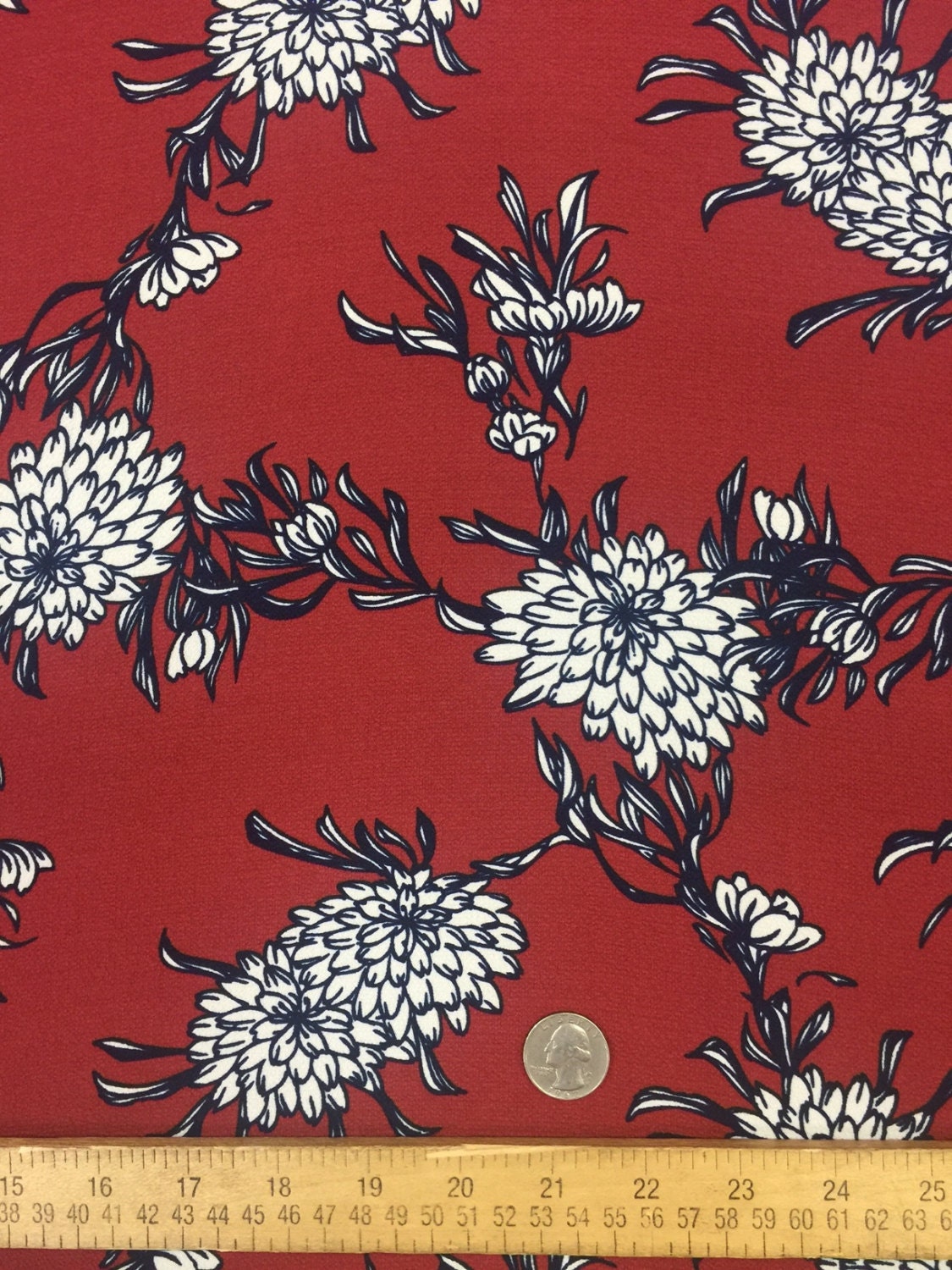 Marsala red white  Navy 58-60 in w Fabric by the yard floral flowers crepe dress Gorgeous fabric 97 polyester 3 Spandex