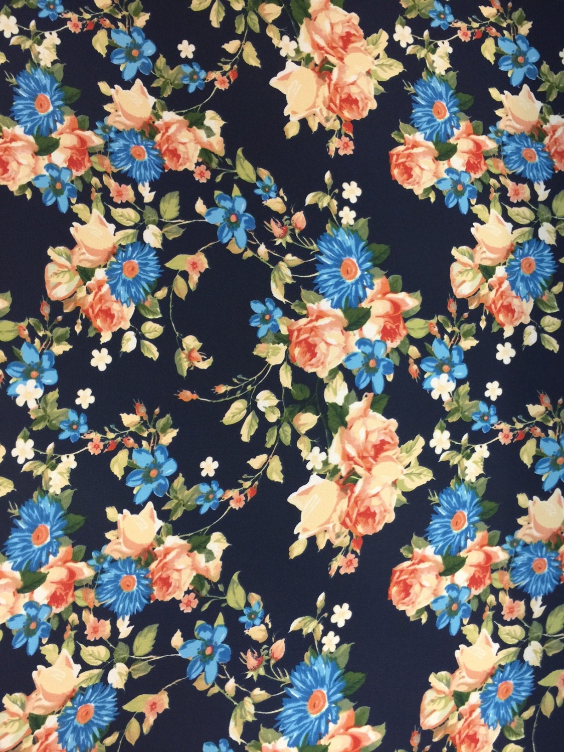 Polyester Crepe 2%Spandex Navy Peach 58-60 in w Fabric by the yard floral flowers crepe